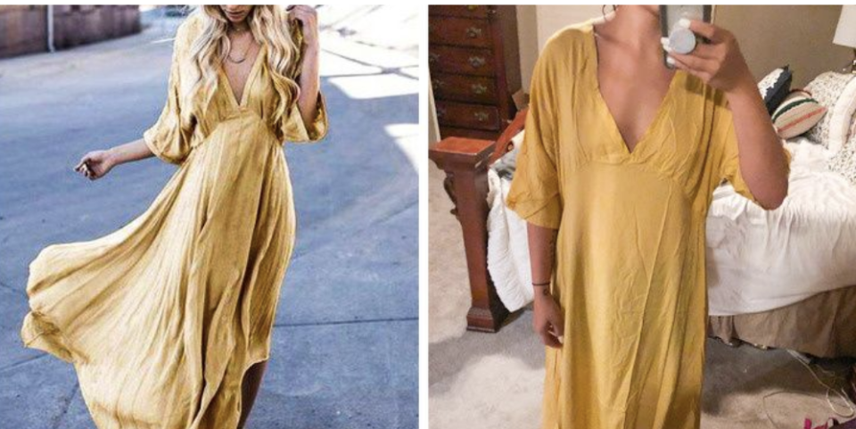 Side-by-side comparison of a flowing yellow dress styled perfectly in a photoshoot versus how the same dress looks when worn casually in real life.