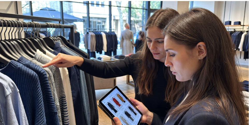 Two women standing inside a clothing store, thoughtfully reviewing garments while checking details on a tablet, reflecting more intentional shopping decisions.