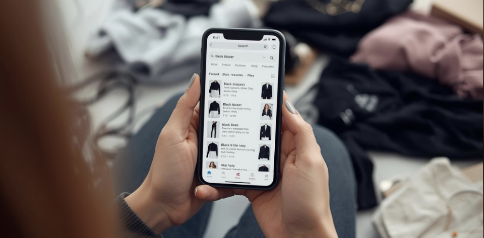 Hands holding a smartphone displaying a fashion shopping app while browsing a black blazer, with clothes scattered in the background, highlighting the overwhelm of online shopping.