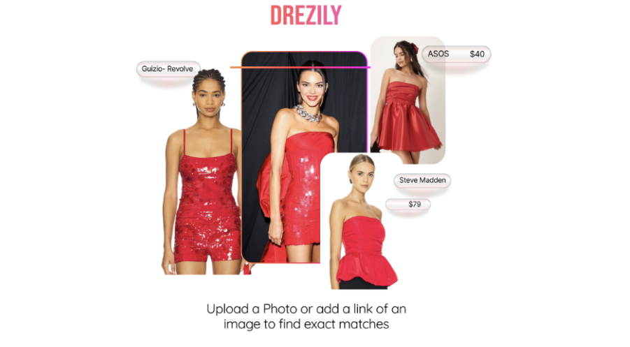 Visual comparison showing a red strapless dress worn by a celebrity alongside similar red dresses from different brands and price points, highlighting how AI-powered fashion tools match real, purchasable alternatives to an aspirational look.