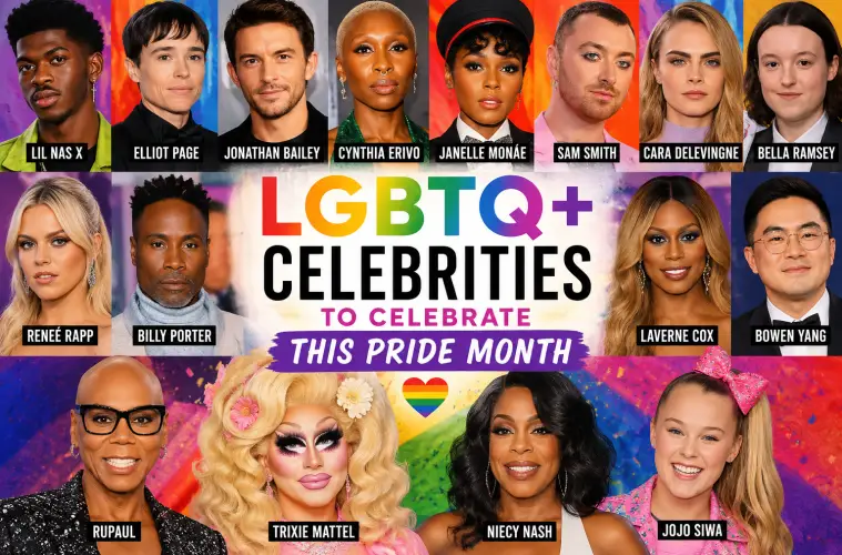 A collage featuring LGBTQ+ celebrities including Lil Nas X,