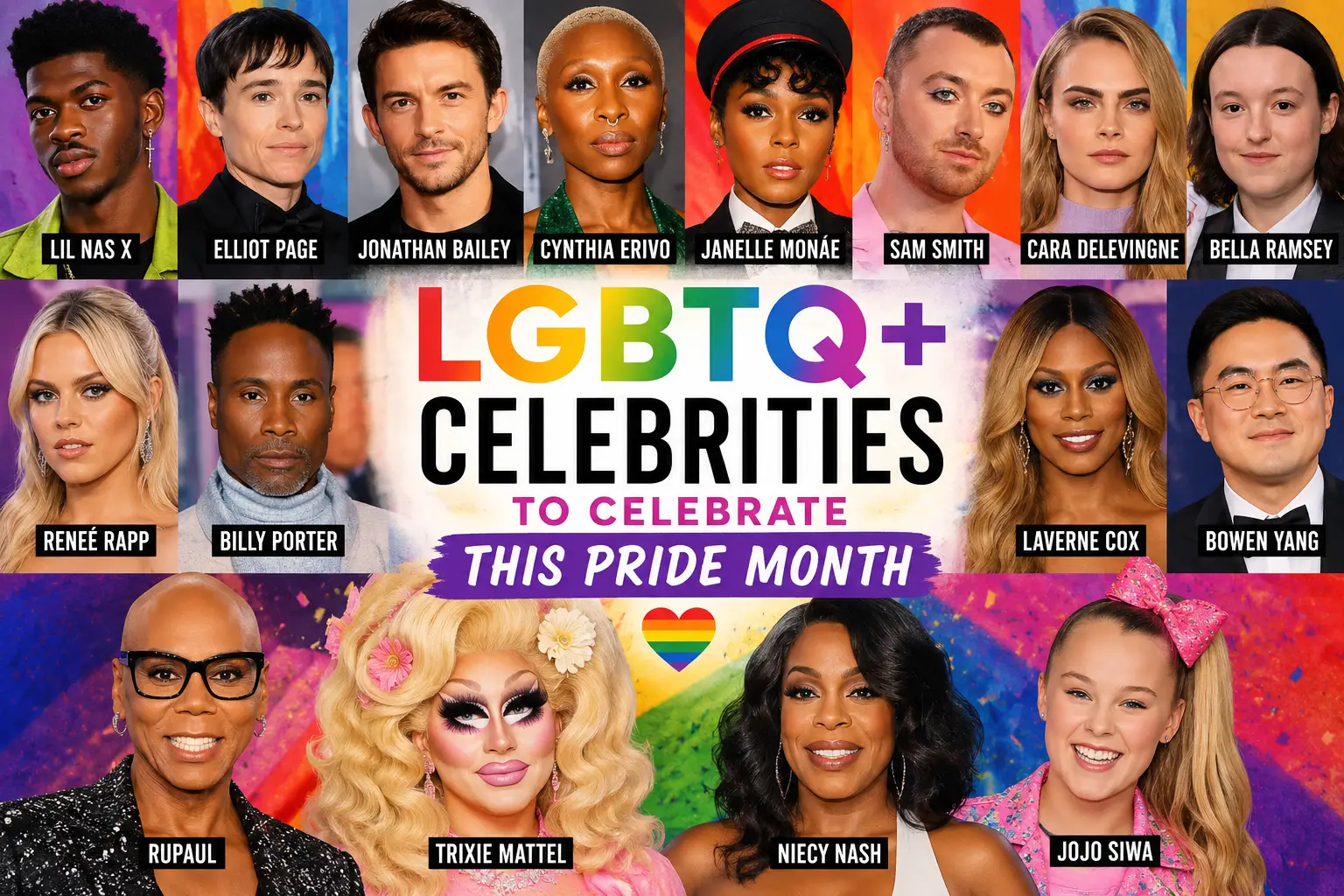 A collage featuring LGBTQ+ celebrities including Lil Nas X,