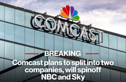Comcast headquarters with NBCUniversal logos, illustrating Comcast's decision to spin off NBCUniversal into a separate publicly traded media and entertainment company.