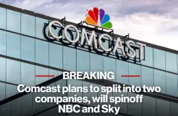 Comcast headquarters with NBCUniversal logos, illustrating Comcast's decision to spin off NBCUniversal into a separate publicly traded media and entertainment company.