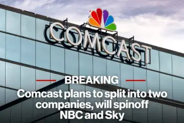 Comcast headquarters with NBCUniversal logos, illustrating Comcast's decision to spin off NBCUniversal into a separate publicly traded media and entertainment company.