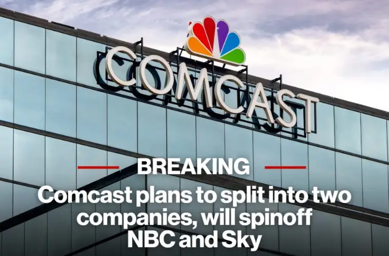 Comcast headquarters with NBCUniversal logos, illustrating Comcast's decision to spin off NBCUniversal into a separate publicly traded media and entertainment company.