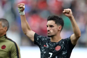 Canada’s Stephen Eustáquio reacts after a 1-0 win over South Africa at the World Cup on Sunday at SoFi Stadium. (Robert Gauthier / Los Angeles Times) 