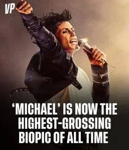 Michael Jackson biopic movie poster highlighting its reported record-breaking global box office success as one of the highest-grossing music biopics.