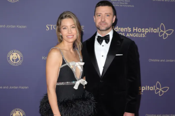 Justin Timberlake and Jessica Biel wearing coordinated all-black outfits during a rare public outing in New York City.