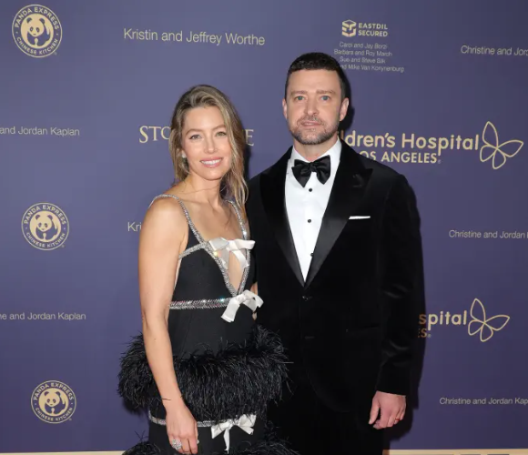 Justin Timberlake and Jessica Biel wearing coordinated all-black outfits during a rare public outing in New York City.