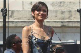 Zendaya poses in an archival John Galliano gown with a sparkling spiderweb design at the Spider-Man: Brand New Day London photocall.