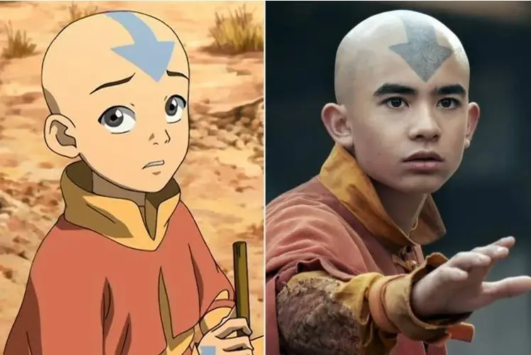 The live-action Avatar: The Last Airbender cast appears alongside their original animated character counterparts in a side-by-side comparison.
