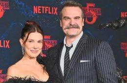 Millie Bobby Brown and David Harbour pose together as they reunite for Netflix's upcoming father-daughter spy drama series.