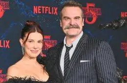 Millie Bobby Brown and David Harbour pose together as they reunite for Netflix's upcoming father-daughter spy drama series.