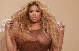 Lizzo poses on the 2026 BET Awards red carpet wearing a shimmering sheer brown gown with sparkling embellishments.