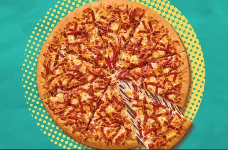 A Little Caesars Webberoni Pizza featuring a Spider-Man-inspired pepperoni web design created for the upcoming Spider-Man movie promotion.