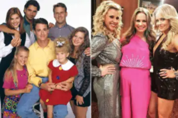 The original Full House cast posing together in a classic promotional photo featuring the Tanner family and their loved ones.