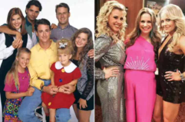 The original Full House cast posing together in a classic promotional photo featuring the Tanner family and their loved ones.