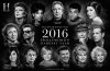 Black-and-white tribute collage featuring legendary stars including David Bowie, Prince, Alan Rickman, Muhammad Ali, Carrie Fisher, Gene Wilder, George Michael, Leonard Cohen, Glenn Frey, Christina Grimmie, Anton Yelchin, Debbie Reynolds, Doris Roberts, Florence Henderson, and Alan Thicke, remembering Hollywood's darkest year in 2016.