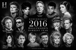 Black-and-white tribute collage featuring legendary stars including David Bowie, Prince, Alan Rickman, Muhammad Ali, Carrie Fisher, Gene Wilder, George Michael, Leonard Cohen, Glenn Frey, Christina Grimmie, Anton Yelchin, Debbie Reynolds, Doris Roberts, Florence Henderson, and Alan Thicke, remembering Hollywood's darkest year in 2016.