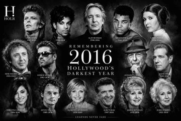 Black-and-white tribute collage featuring legendary stars including David Bowie, Prince, Alan Rickman, Muhammad Ali, Carrie Fisher, Gene Wilder, George Michael, Leonard Cohen, Glenn Frey, Christina Grimmie, Anton Yelchin, Debbie Reynolds, Doris Roberts, Florence Henderson, and Alan Thicke, remembering Hollywood's darkest year in 2016.