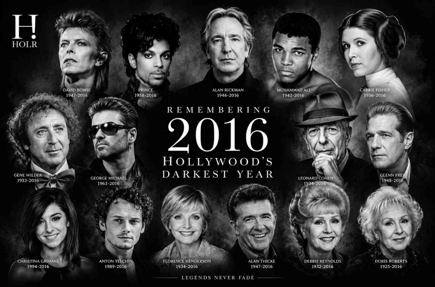Black-and-white tribute collage featuring legendary stars including David Bowie, Prince, Alan Rickman, Muhammad Ali, Carrie Fisher, Gene Wilder, George Michael, Leonard Cohen, Glenn Frey, Christina Grimmie, Anton Yelchin, Debbie Reynolds, Doris Roberts, Florence Henderson, and Alan Thicke, remembering Hollywood's darkest year in 2016.