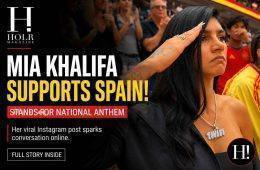 Mia Khalifa stands during Spain's national anthem at a football match after sharing the moment on Instagram.