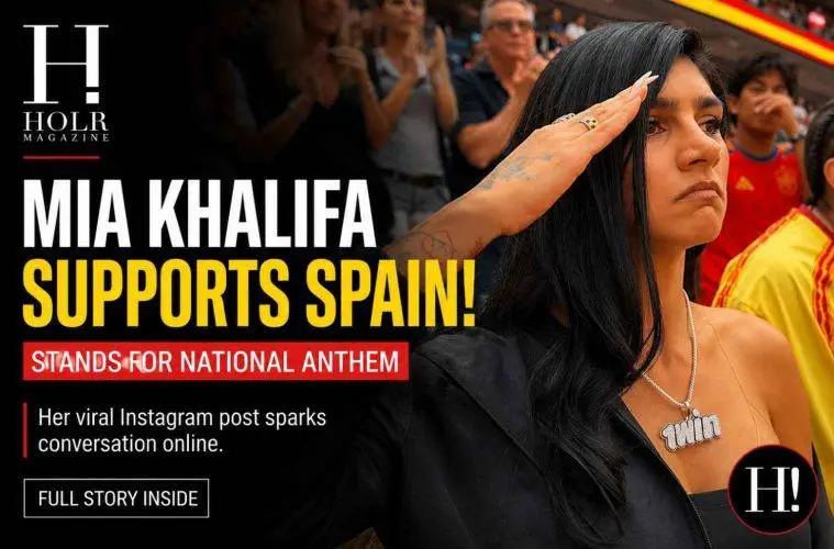 Mia Khalifa stands during Spain's national anthem at a football match after sharing the moment on Instagram.
