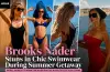 Brooks Nader poses in a black one-piece swimsuit during her summer vacation by the waterfront.