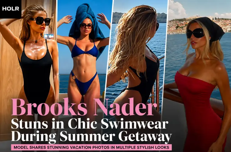 Brooks Nader poses in a black one-piece swimsuit during her summer vacation by the waterfront.