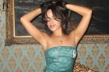 Camila Cabello poses in an elegant emerald-green strapless dress during a glamorous Instagram photo shoot shared from Mexico City.