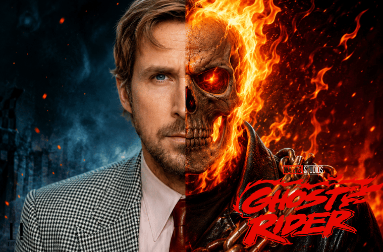 Ryan Gosling imagined as Marvel's Ghost Rider following the official announcement that he will join the MCU as Johnny Blaze.