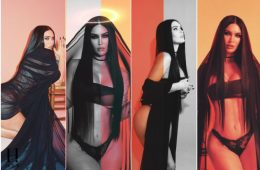 Megan Fox wearing a black lace outfit with a halo during her latest Instagram photoshoot that sparked discussions about biblical symbolism and her Eve-inspired caption.