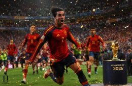 Spain celebrate their 1-0 extra-time victory over Argentina in the 2026 FIFA World Cup Final as players run across the pitch following Ferran Torres' winning goal.