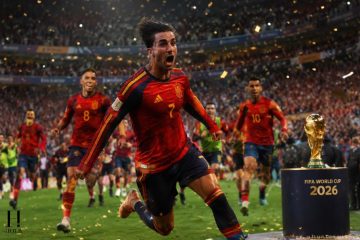 Spain celebrate their 1-0 extra-time victory over Argentina in the 2026 FIFA World Cup Final as players run across the pitch following Ferran Torres' winning goal.
