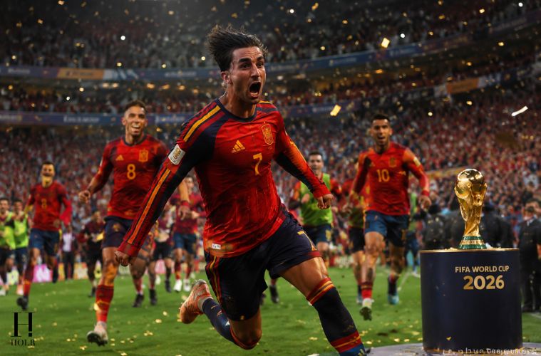Spain celebrate their 1-0 extra-time victory over Argentina in the 2026 FIFA World Cup Final as players run across the pitch following Ferran Torres' winning goal.