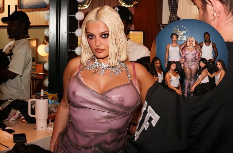 Bebe Rexha wearing a sheer mauve mini dress during her appearance on The Tonight Show Starring Jimmy Fallon.