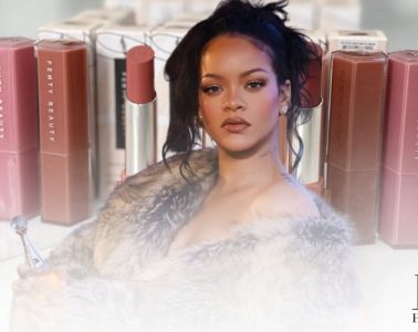 Rihanna showcases the new Fenty Beauty Gloss Bomb Stix nude shades, including $weet Whiskey, Midnight Ballerina, Birthday Suit, and Lu$t Bunny.