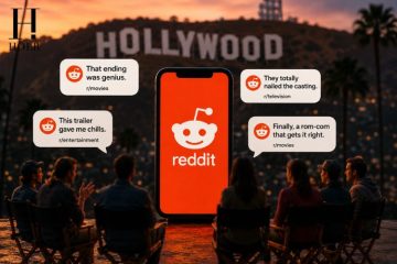 A cinematic illustration showing Hollywood and Reddit communities discussing movies, TV shows and celebrity news online.