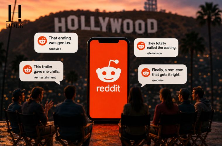A cinematic illustration showing Hollywood and Reddit communities discussing movies, TV shows and celebrity news online.