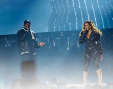 Beyoncé joins Jay-Z on stage during his Reasonable Doubt 30th anniversary concert at Yankee Stadium in New York.