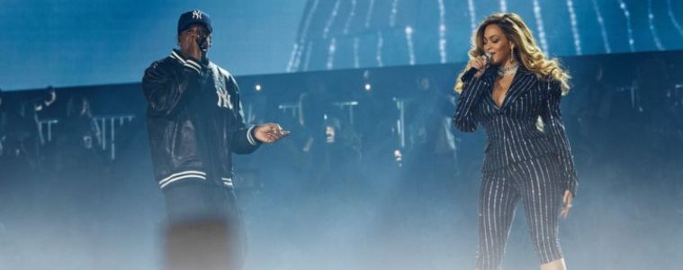 Beyoncé joins Jay-Z on stage during his Reasonable Doubt 30th anniversary concert at Yankee Stadium in New York.