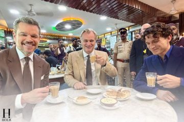 Christopher Nolan, Matt Damon, and Tom Holland enjoy a cup of chai ahead of The Odyssey premiere in Mumbai, India.