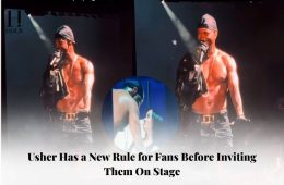 Usher performs on stage during a concert after jokingly sharing a new rule before inviting fans to join him on stage.