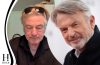 Alec Baldwin and Sam Neill featured in a black-and-white tribute graphic highlighting the online debate surrounding Baldwin's tribute following the late actor's death.
