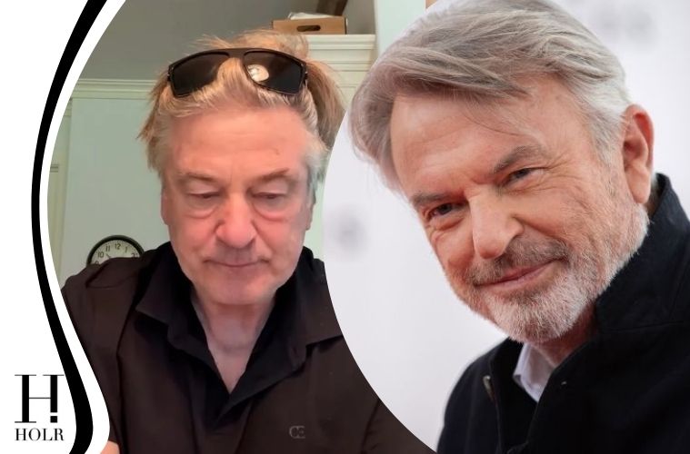 Alec Baldwin and Sam Neill featured in a black-and-white tribute graphic highlighting the online debate surrounding Baldwin's tribute following the late actor's death.