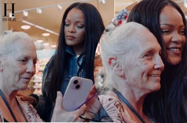 Rihanna smiling during a heartfelt encounter with a fan undergoing cancer treatment in a grocery store, following the viral moment that touched millions online.