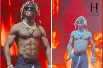 Lil Wayne performing on stage as fans react to his muscular physique at 43.