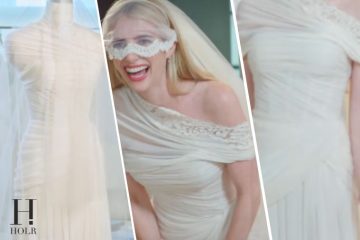 Emma Roberts wearing her custom Monique Lhuillier wedding dress during her wedding to Cody John in Sun Valley, Idaho.