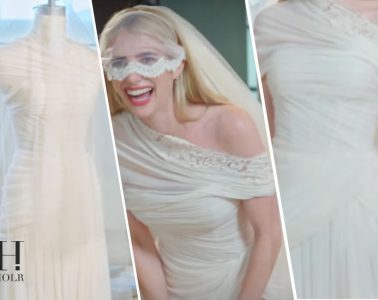 Emma Roberts wearing her custom Monique Lhuillier wedding dress during her wedding to Cody John in Sun Valley, Idaho.